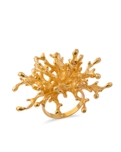 A gold-plated silver ring with a coral growth design, featuring an intricate, asymmetrical pattern.