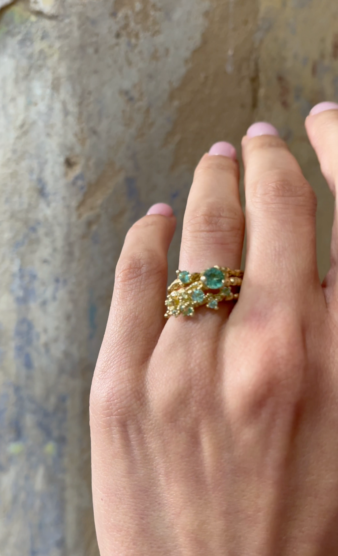 14 k yellow gold three rings with tourmalines "SAND PLAY ETERNITY"