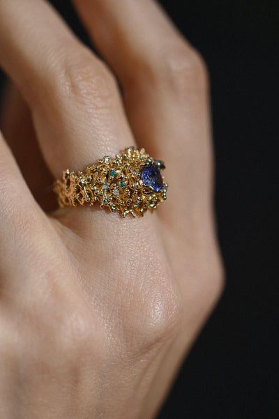 18k Yellow Gold Ring with Diamonds, Paraiba, Tanzanite – Royal Mountain