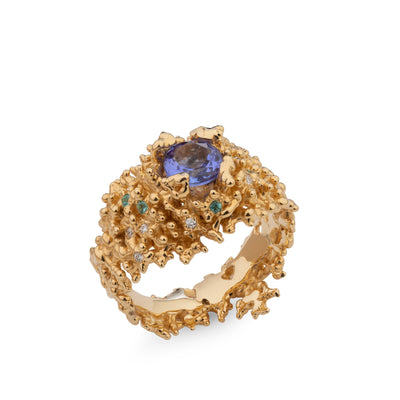 18k Yellow Gold Ring with Diamonds, Paraiba, Tanzanite – Royal Mountain