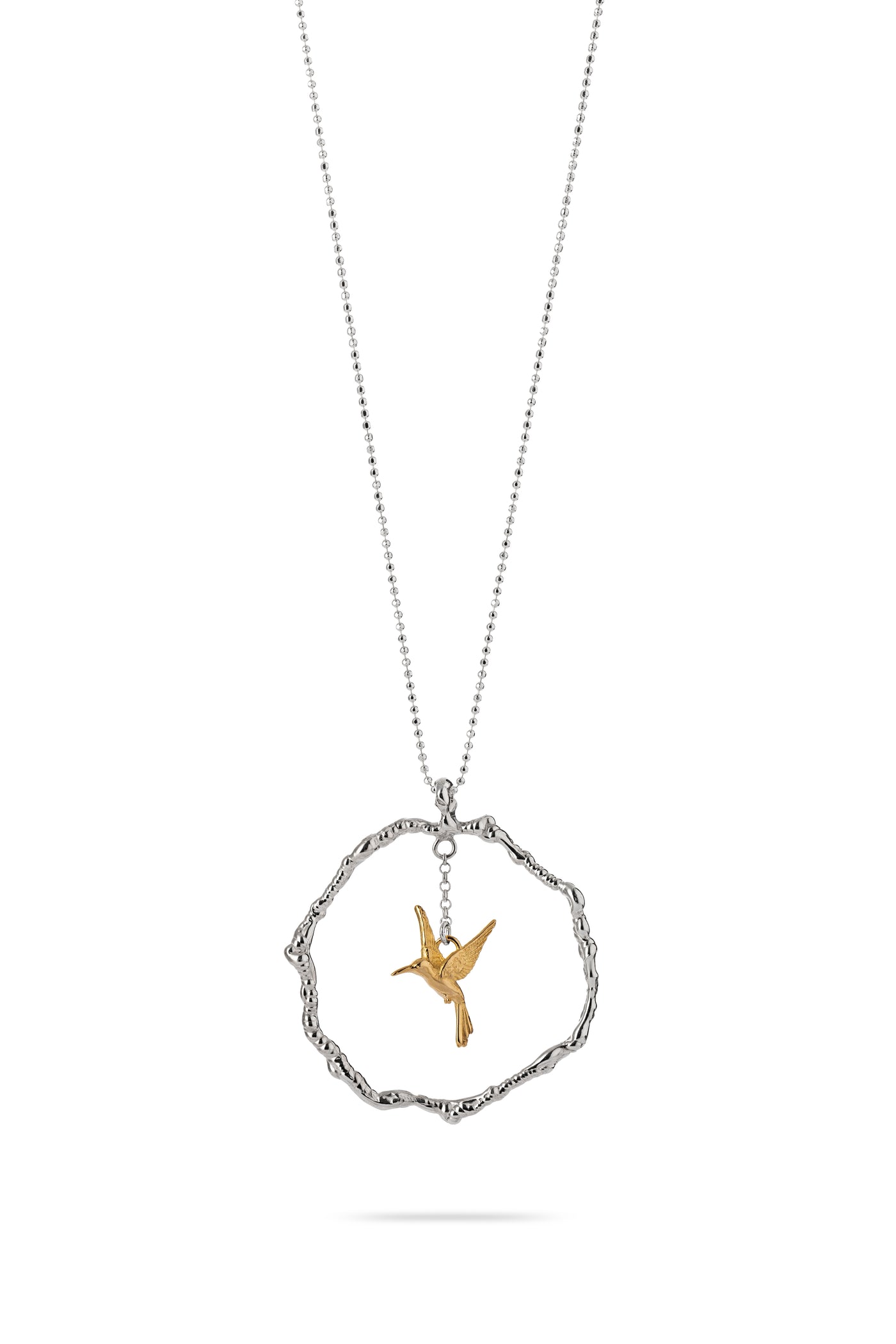 14k gold and silver necklace "COLIBRI IN THE CIRCLE OF HAPPINESS"